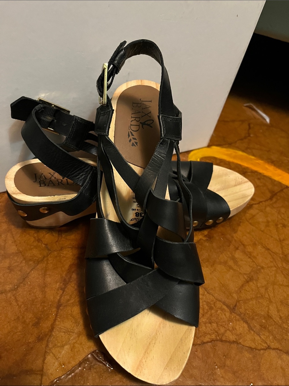 Frye Black Leather Strappy Wood Wedge Sandals Sz Eu 38 or 8.0 women’s